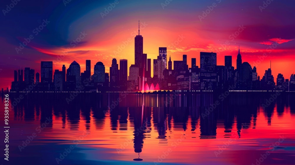Cityscape Silhouette Reflected in Water at Sunset Cityscape Silhouette Reflected in Water at Sunset