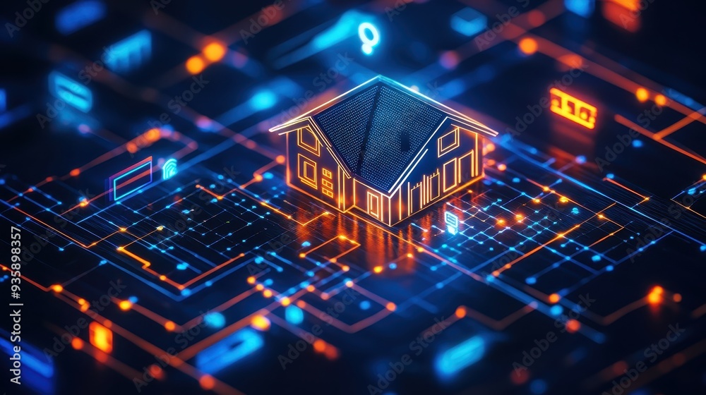 Futuristic digital representation of real estate technology with glowing circuits and house model on a dark background. Futuristic digital representation of real estate technology with glowing circuits and house model on a dark background.