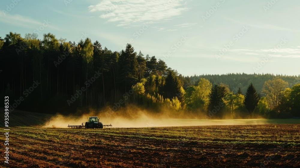 Fototapeta premium A tractor plows through a misty field at dawn, the sunlight casting a golden hue on the landscape, capturing the serenity of early morning farming.