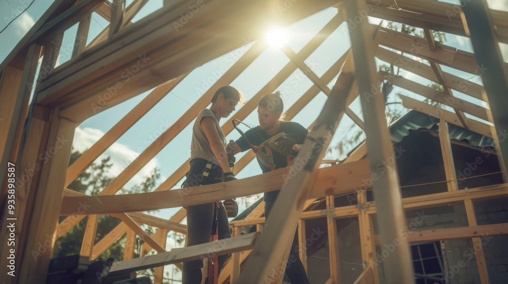 Two builders collaborate under the frame of a house, with sunlight filtering through the wooden beams, portraying hard work and teamwork. Two builders collaborate under the frame of a house, with sunlight filtering through the wooden beams, portraying hard work and teamwork.