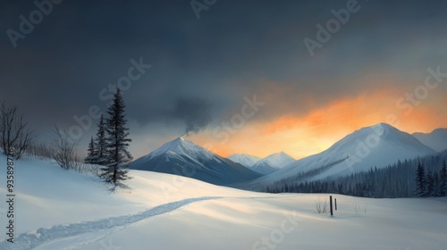 Snowy Mountain Landscape at Sunset with a Single Tree - A picturesque scene of a snowy mountain range bathed in the warm glow of a setting sun. A lone tree stands proudly in the foreground, adding a t