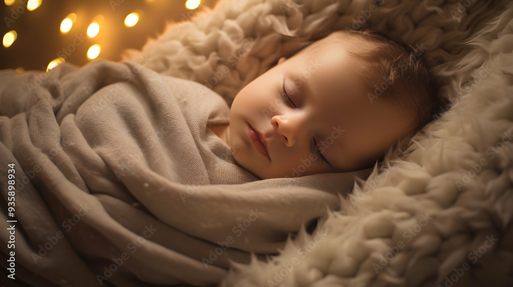 A serene bedtime scene with a baby nestled in organic bedding A serene bedtime scene with a baby nestled in organic bedding