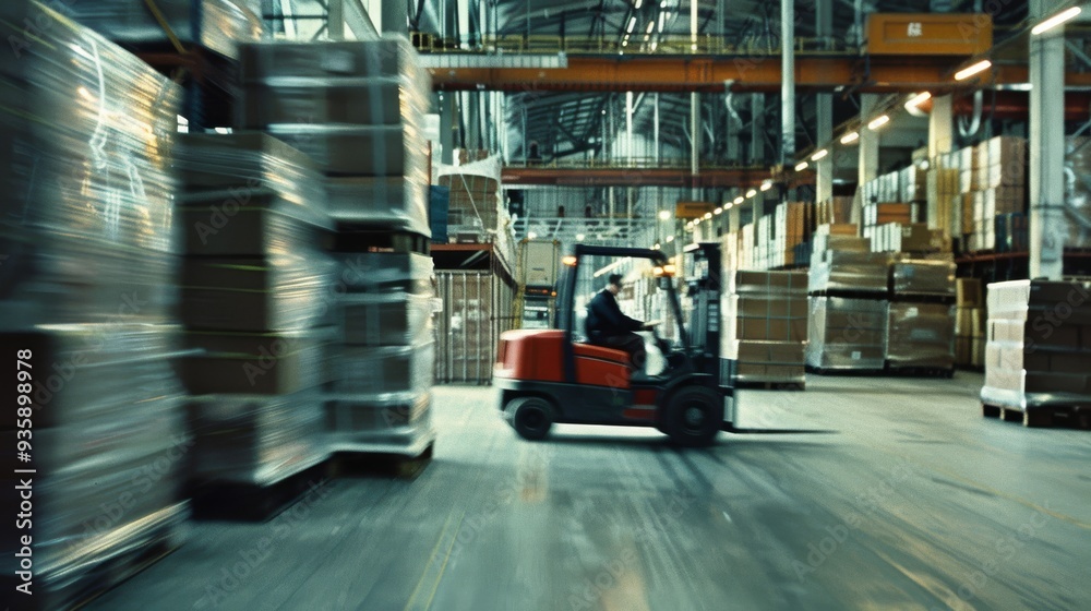 Forklifts navigating between towering stacks of boxes and pallets in a large, modern warehouse filled with goods ready for distribution. Forklifts navigating between towering stacks of boxes and pallets in a large, modern warehouse filled with goods ready for distribution.
