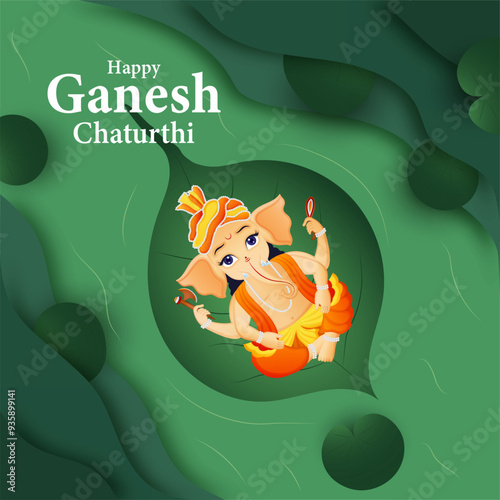 Happy Ganesha Chaturthi with lord ganesha idol floating and coming to your homes concept. paper cut vector illustration.
