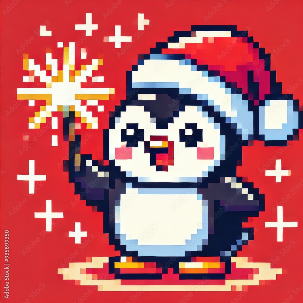 Fototapeta premium New Year penguin on a plain bright background in pixel art style.