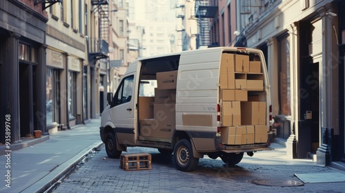 A delivery van parked in a narrow urban alley, loaded with boxes, ready for distribution, capturing a scene of urban logistics and daily life.