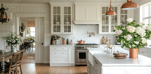 A classic farmhouse kitchen with white cabinets, copper poker lights and wood floors, a large island that opens to the dining room. Created with AI