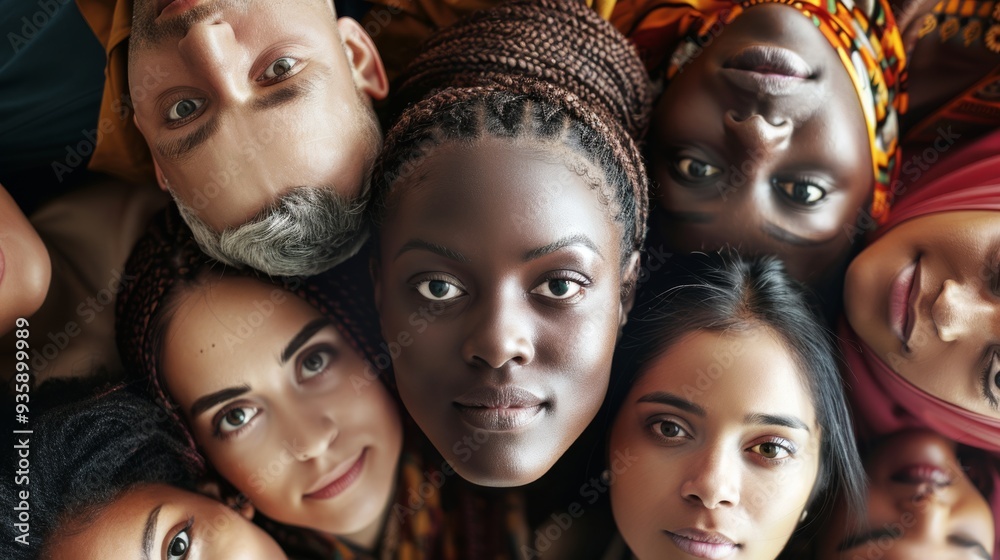 A diverse circle of people with various skin tones and backgrounds, emphasizing unity, diversity, and inclusion through their close, engaged expressions. A diverse circle of people with various skin tones and backgrounds, emphasizing unity, diversity, and inclusion through their close, engaged expressions.