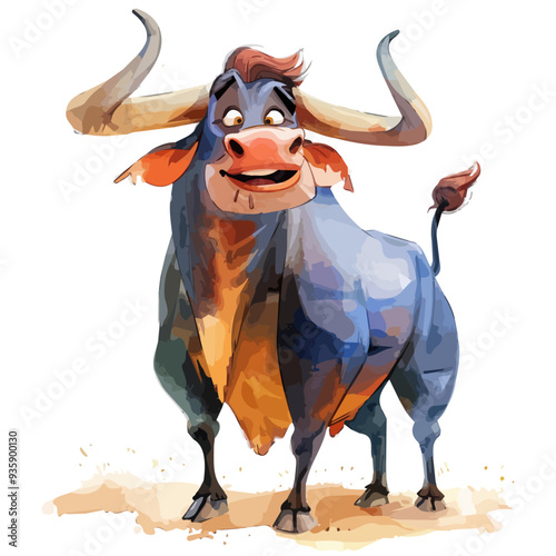 vector illustration of a cartoon Bull animation, painted with watercolor, isolated on a white background, Bull animation photo