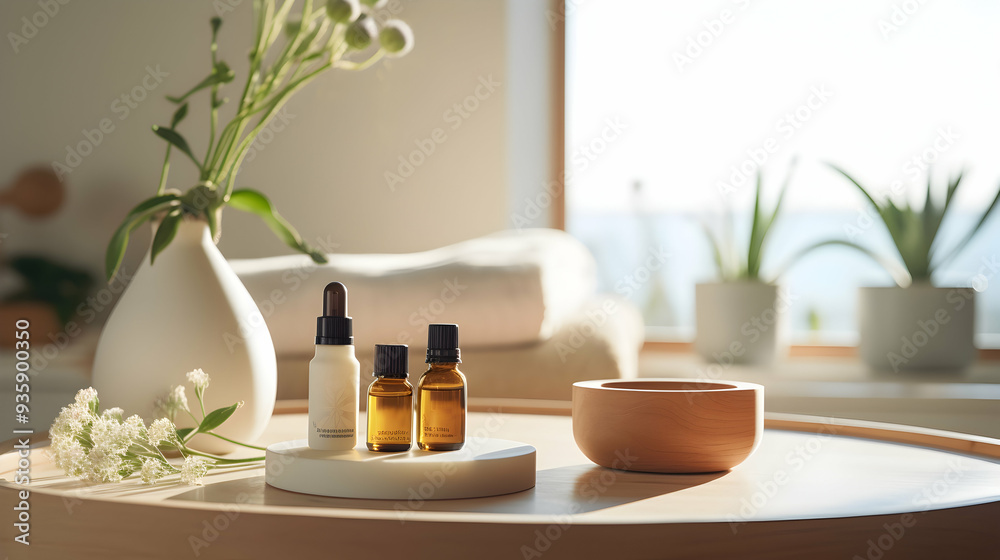 A serene spa setting with essential oils and natural skincare A serene spa setting with essential oils and natural skincare