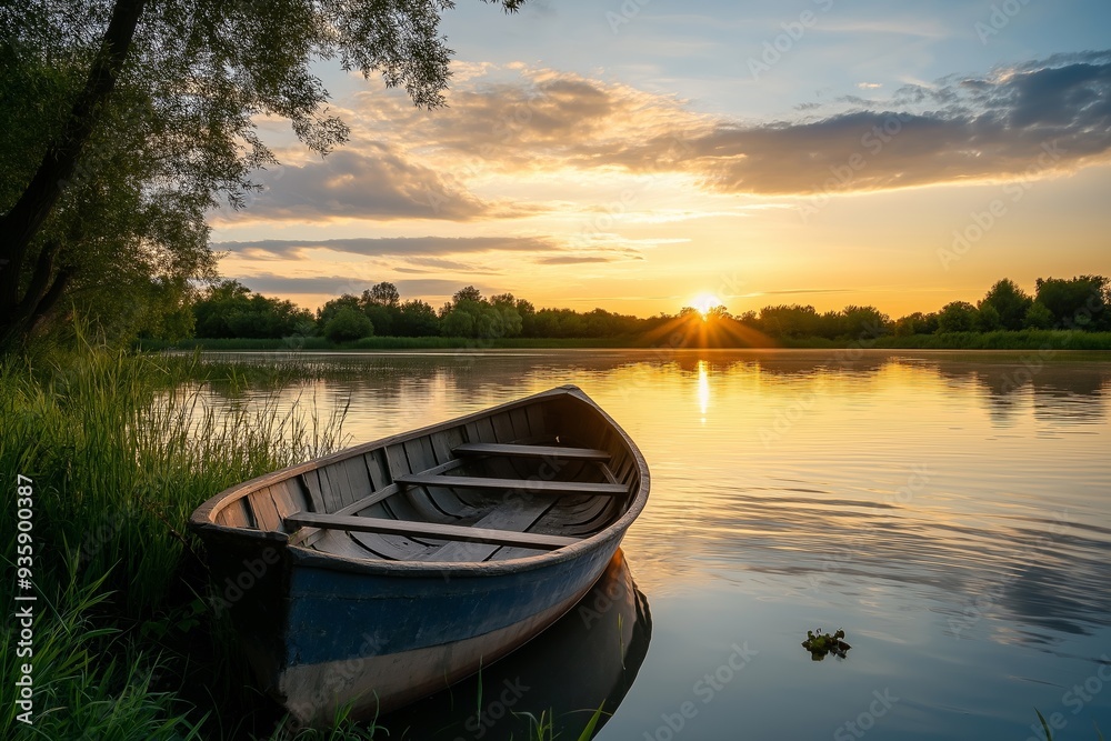 A tranquil scene of an empty boat resting on the calm lake water during a breathtaking sunset, surrounded by nature. A tranquil scene of an empty boat resting on the calm lake water during a breathtaking sunset, surrounded by nature.
