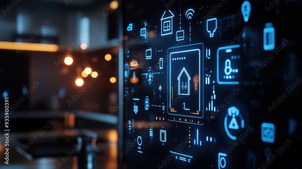 Modern smart home interface on a digital screen in a contemporary kitchen setting, illustrating future technology and home automation. Modern smart home interface on a digital screen in a contemporary kitchen setting, illustrating future technology and home automation.