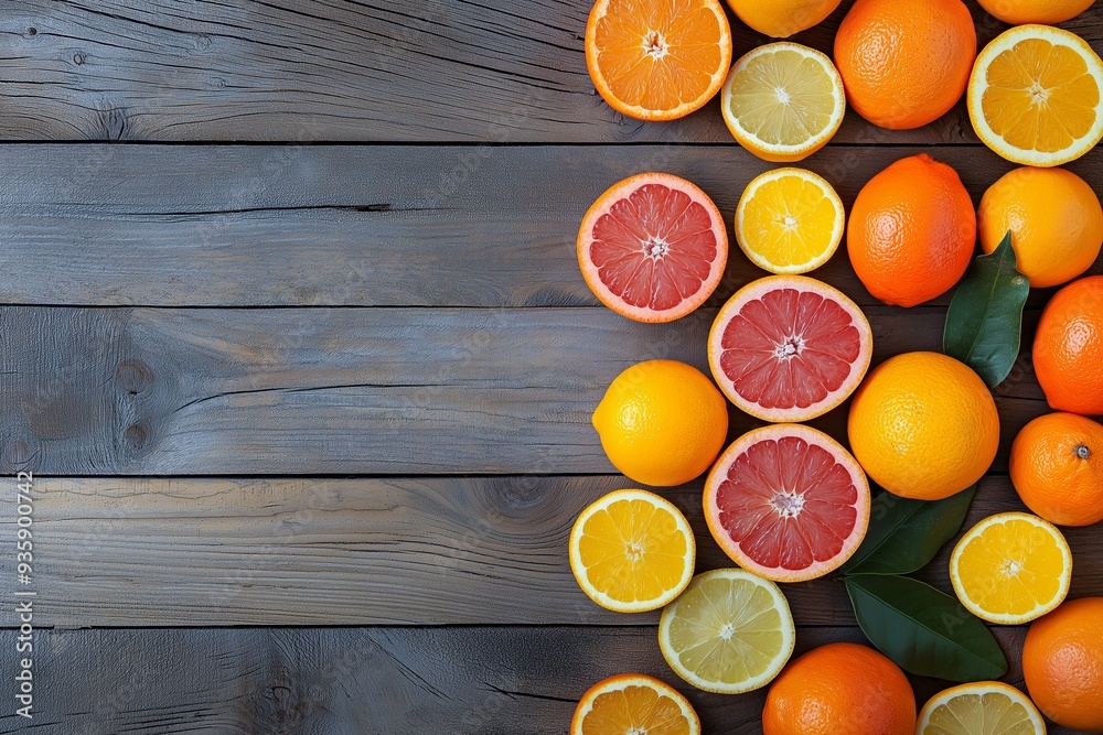 A selection of citrus fruits such as oranges, lemons, and grapefruits neatly placed on a wooden surface, showcasing their freshness. A selection of citrus fruits such as oranges, lemons, and grapefruits neatly placed on a wooden surface, showcasing their freshness.