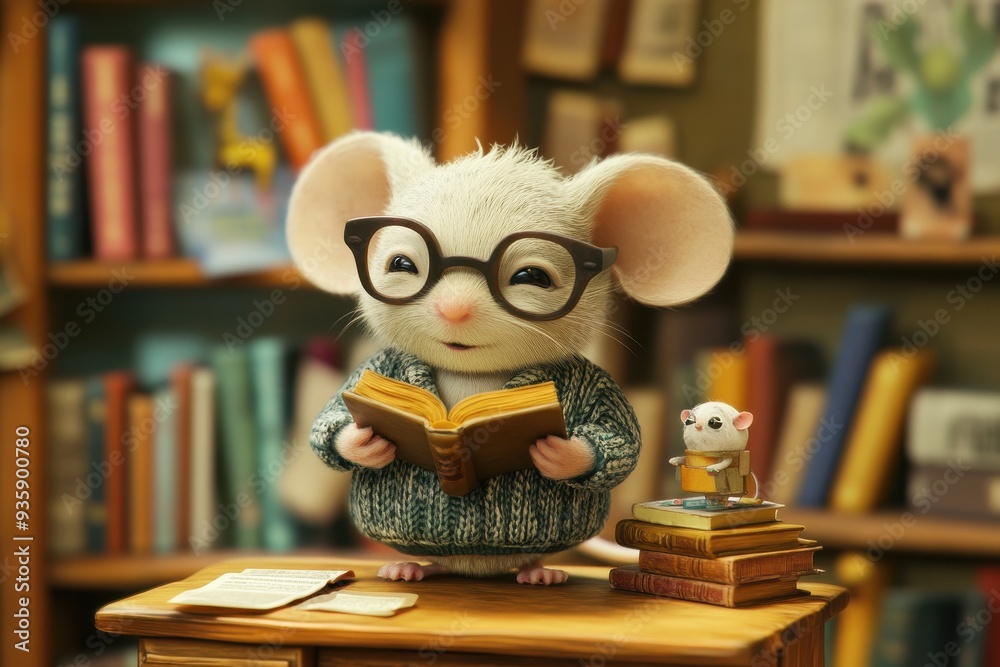 Librarian Mouse: A mouse in a cardigan and glasses, reading a book at a small desk in a cozy library. Librarian Mouse: A mouse in a cardigan and glasses, reading a book at a small desk in a cozy library.