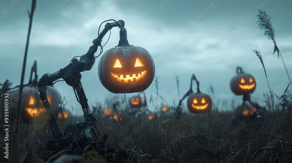 Φωτογραφία Spooky Halloween Pumpkins Held by Robotic Arms in a Field - A field of pumpkins with glowing faces, held aloft by robotic arms, creating a spooky and eerie Halloween atmosphere