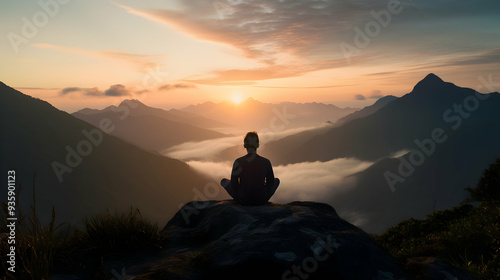 A silhouette of a person meditating on a mountaintop at dawn