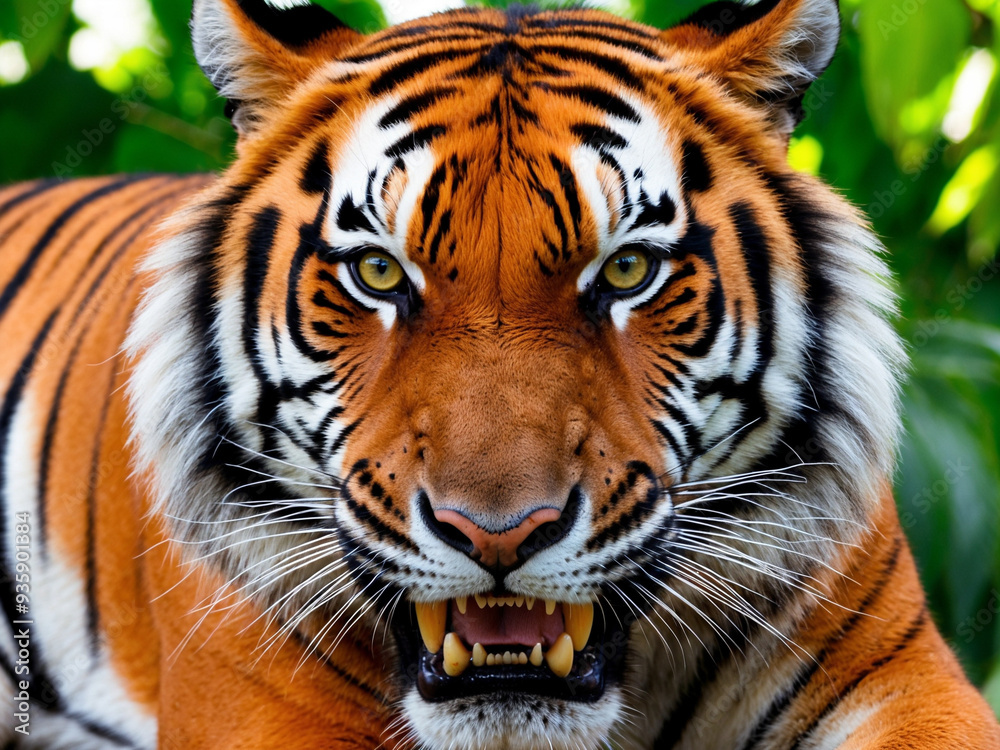 Fototapeta premium A close-up of a fierce tiger's face, showing its intense gaze, sharp teeth, and vibrant orange fur with black stripes, set against a lush green background.