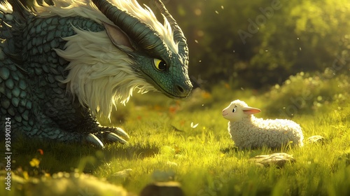 Dragon and Lamb in a Meadow