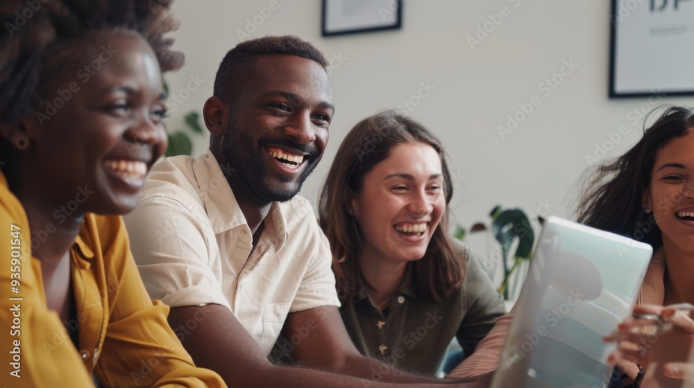 A diverse group of young professionals laugh together during a lively discussion in a modern office, embodying energy and collaboration. A diverse group of young professionals laugh together during a lively discussion in a modern office, embodying energy and collaboration.