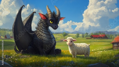 Dragon and Lamb Friends in a Pastoral Setting