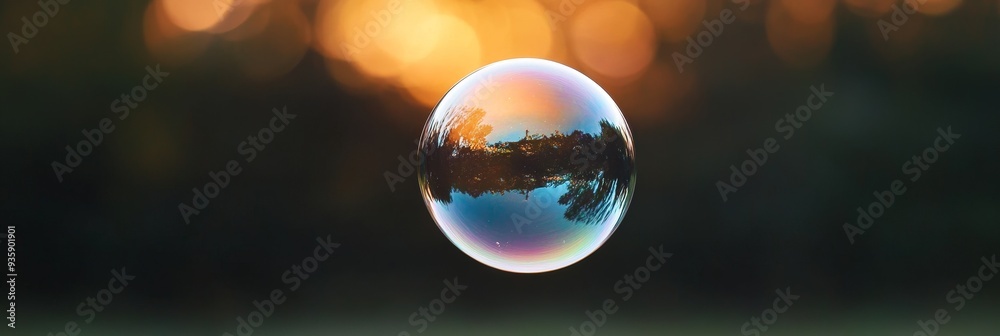 Sunset Reflected in a Soap Bubble - A single soap bubble floats in the air, reflecting a vibrant sunset. The bubble's iridescent surface creates a mesmerizing optical effect, symbolizing fragility, be Sunset Reflected in a Soap Bubble - A single soap bubble floats in the air, reflecting a vibrant sunset. The bubble's iridescent surface creates a mesmerizing optical effect, symbolizing fragility, be