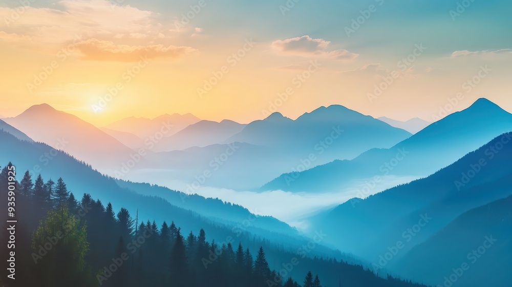 Serene sunrise over misty mountain range with layered hills and lush forests, creating a tranquil and picturesque natural landscape. Serene sunrise over misty mountain range with layered hills and lush forests, creating a tranquil and picturesque natural landscape.