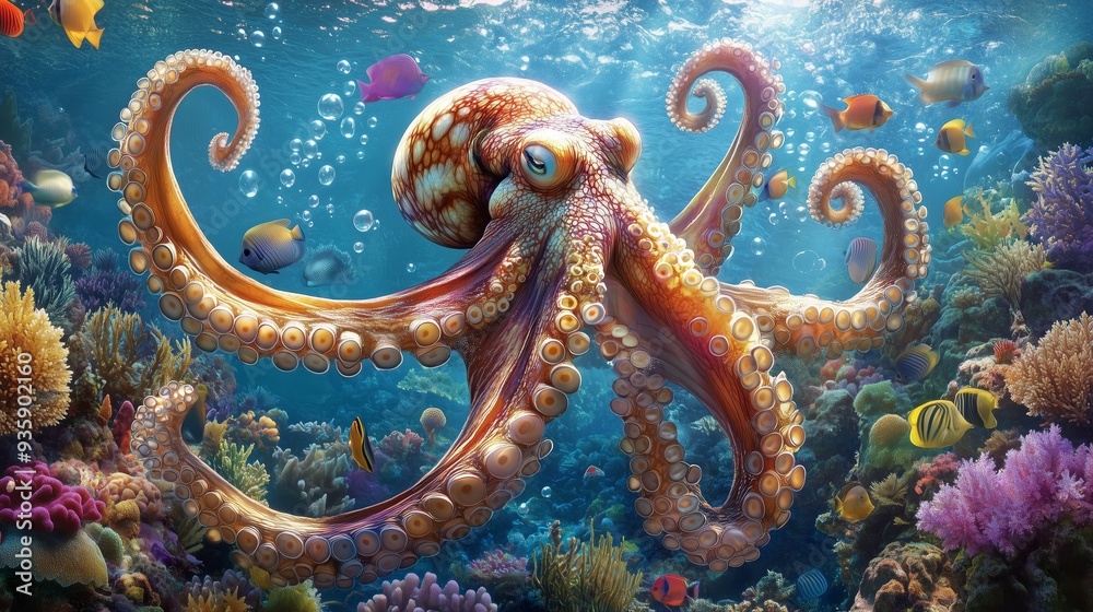 Obraz premium A giant octopus glides through a colorful coral reef, surrounded by shimmering bubbles and darting fish.