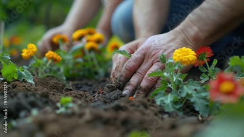 Family Gardening: Working side by side in the garden, the family plants flowers and vegetables, their hands covered in soil, finding peace in nature’s rhythm. 