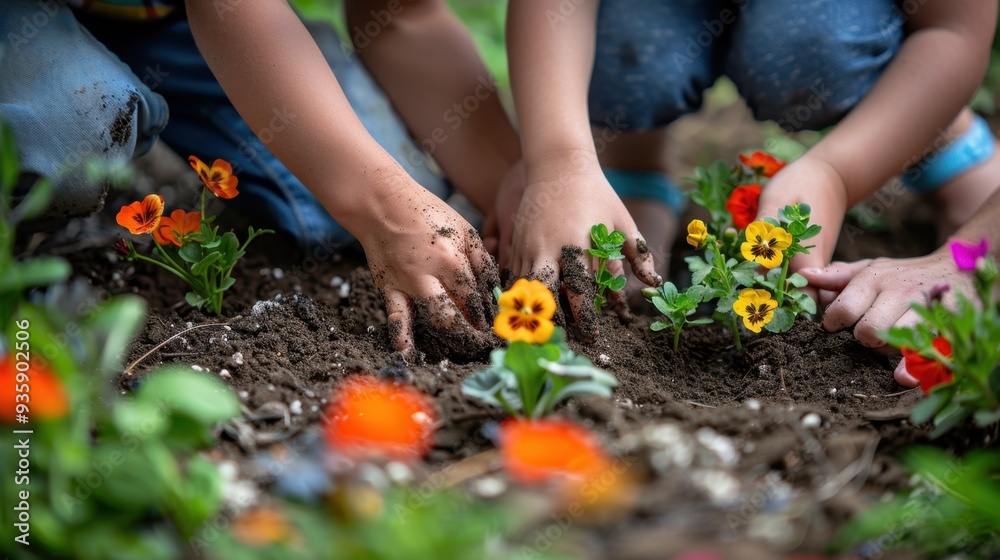 Fototapeta premium Family Gardening: The family plants flowers and vegetables in the garden, their hands full of soil, delighting in the soothing rhythm and natural connection. 