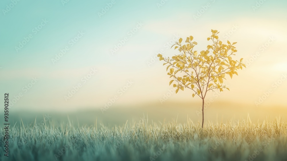 Fototapeta premium Solitary tree in tranquil field, bathed in soft sunlight creating a serene natural scene evoking peace and solitude.