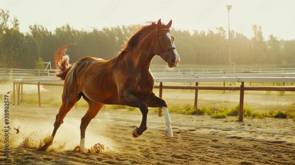 Obraz premium A horse kicking up dust as it plays energetically in an outdoor arena, with golden sun rays highlighting its robust and lively movement.