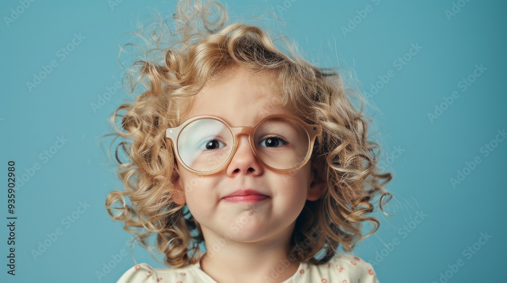 A young child with curly blond hair and round glasses looks into the camera with an inquisitive expression against a blue background.