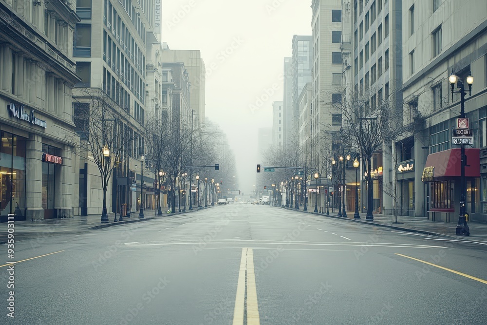 Lockdown Urban Scene: Empty City Streets with Overcast Light and Blank Space Lockdown Urban Scene: Empty City Streets with Overcast Light and Blank Space