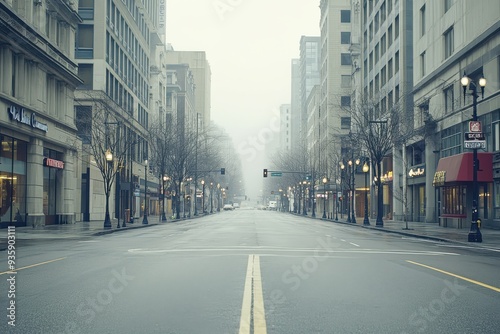 Lockdown Urban Scene: Empty City Streets with Overcast Light and Blank Space