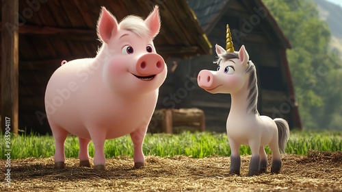 Pig and Unicorn Friends in a Farm Setting
