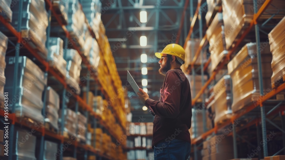 A worker in a yellow hard hat inspects inventory under the bright lights of an expansive, organized warehouse. A worker in a yellow hard hat inspects inventory under the bright lights of an expansive, organized warehouse.