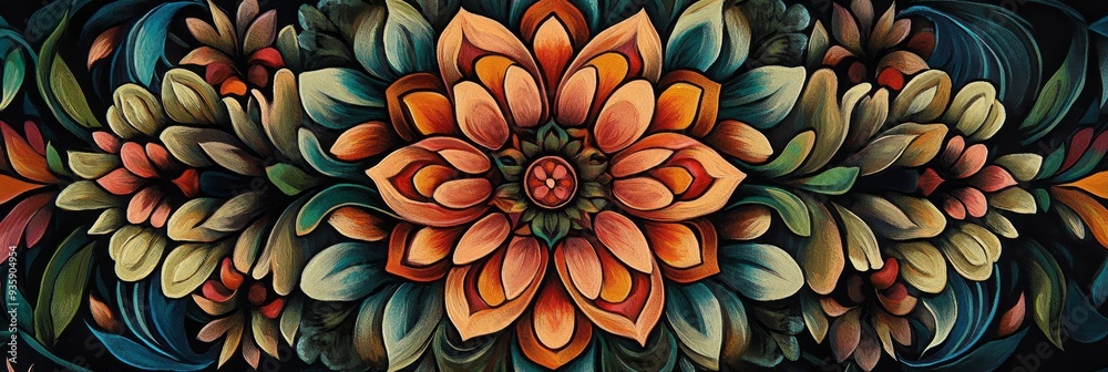Vibrant Floral Mandala Art - Abstract Flower Pattern on Black Background - A intricate and colorful floral mandala with a central flower surrounded by leafy tendrils, symbolizing beauty, nature, symm Vibrant Floral Mandala Art - Abstract Flower Pattern on Black Background - A intricate and colorful floral mandala with a central flower surrounded by leafy tendrils, symbolizing beauty, nature, symm