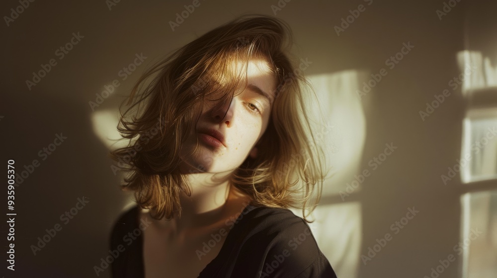 A woman with tousled hair basks in soft, natural light, her expression serene and contemplative as sunlight filters through a nearby window. A woman with tousled hair basks in soft, natural light, her expression serene and contemplative as sunlight filters through a nearby window.