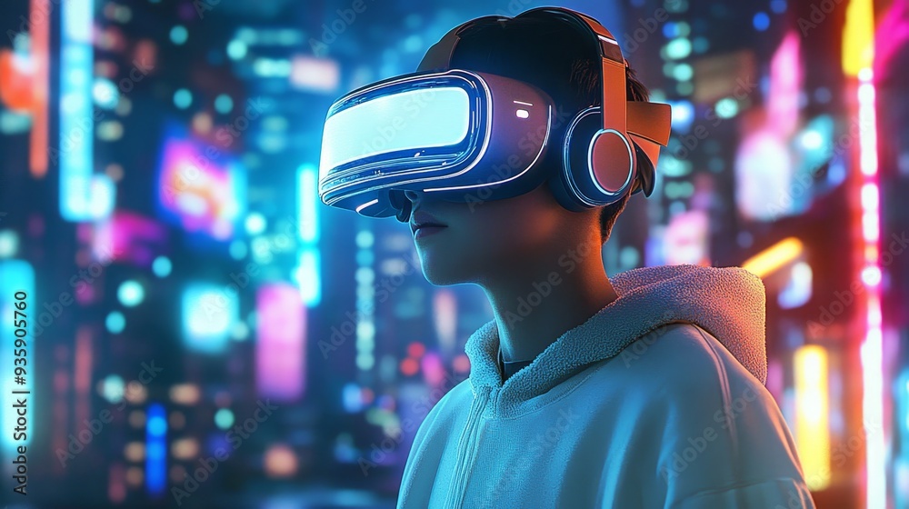 Virtual Reality Experience in a Futuristic Cityscape - A young person wearing a VR headset stands in front of a vibrant cityscape, symbolizing the immersive experience, technological advancement, urba Virtual Reality Experience in a Futuristic Cityscape - A young person wearing a VR headset stands in front of a vibrant cityscape, symbolizing the immersive experience, technological advancement, urba