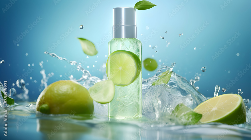 A stylized image of a refreshing facial mist and hydrating skincare,