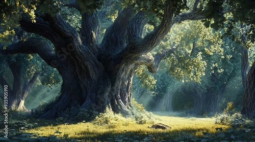 Ancient Oak in a Sun-Dappled Forest