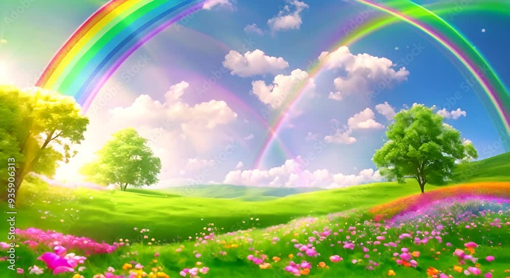 Magical green spring landscape with colorful rainbow Layers of flowers over the vast meadows under a rainbow on a sunny day Summer background with blue sky Sparkling Video fantasy 4k animation Magical green spring landscape with colorful rainbow Layers of flowers over the vast meadows under a rainbow on a sunny day Summer background with blue sky Sparkling Video fantasy 4k animation