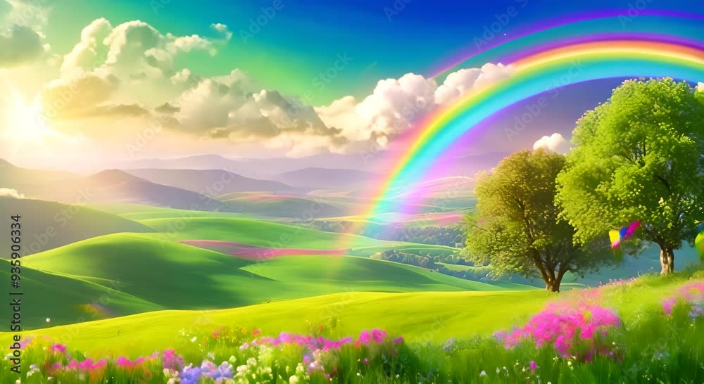 Magical green spring landscape with colorful rainbow Layers of flowers over the vast meadows under a rainbow on a sunny day Summer background with blue sky Sparkling Video fantasy 4k animation Magical green spring landscape with colorful rainbow Layers of flowers over the vast meadows under a rainbow on a sunny day Summer background with blue sky Sparkling Video fantasy 4k animation