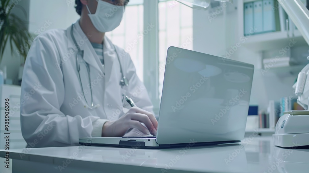 A masked doctor works intently on a laptop in a modern medical office, symbolizing dedication and the intersection of healthcare and technology. A masked doctor works intently on a laptop in a modern medical office, symbolizing dedication and the intersection of healthcare and technology.