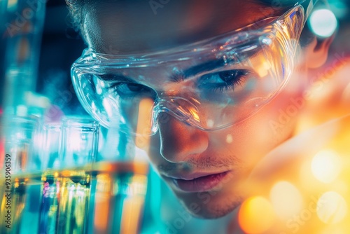 A scientist wearing protective goggles examines a vibrant chemical reaction occurring in a test tube, focusing intently on their analytical task in a laboratory setting photo