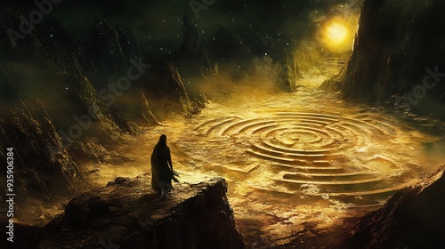A Figure Stands Before a Labyrinth in a Mystical Landscape