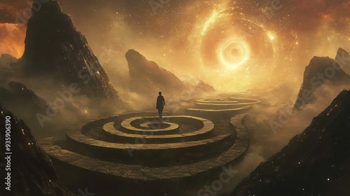 A Solitary Figure on a Spiral Path Leading to the Cosmic Beyond