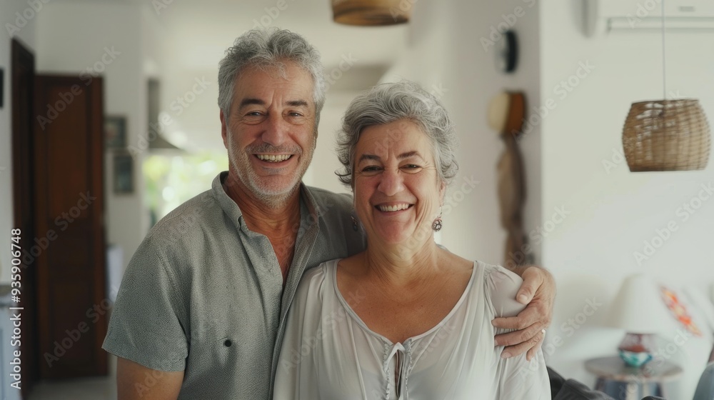 An elderly couple stands arm in arm in their home, beaming with warm smiles of contentment and love. An elderly couple stands arm in arm in their home, beaming with warm smiles of contentment and love.