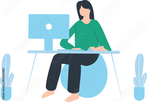 The girl is sitting at the working table.