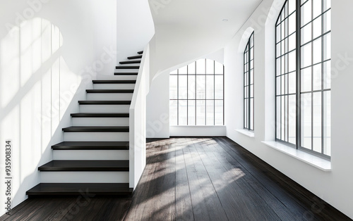 A bright, white interior with a black wood floor and stairs. Large windows allow ample natural light to fill the space. Created with Ai